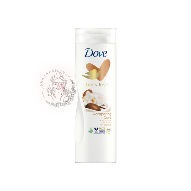 لوسیون بدن داو مدل Body Love Pampering Care حاوی شی باتر و عصاره وانیل 48h مناسب پوست خشک ۴۰۰ میل اصل