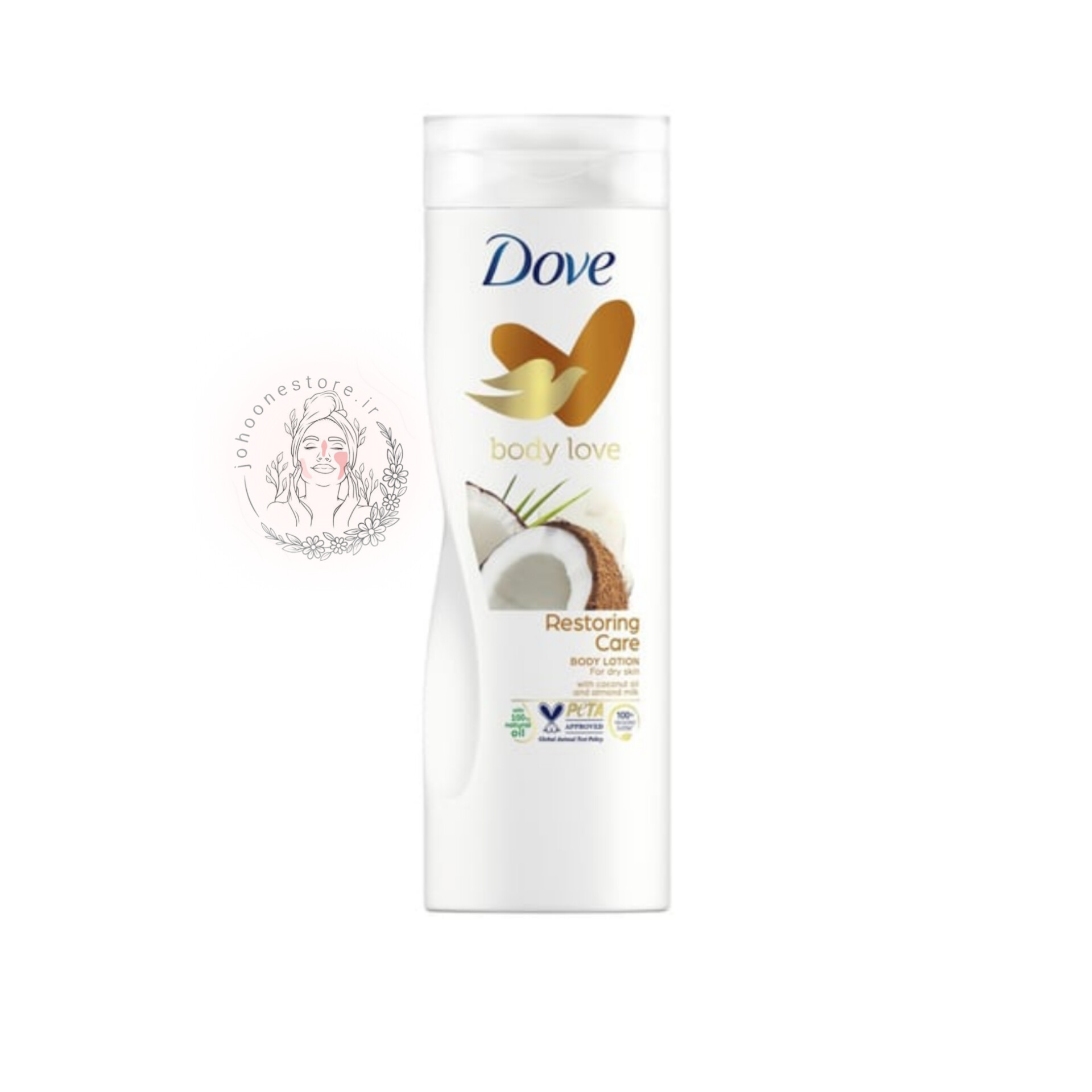 لوسیون بدن داو مدل Body Love Restore Care مخصوص پوست خشک حاوی روغن نارگیل و شیر بادام، ۴۰۰ میل اصل