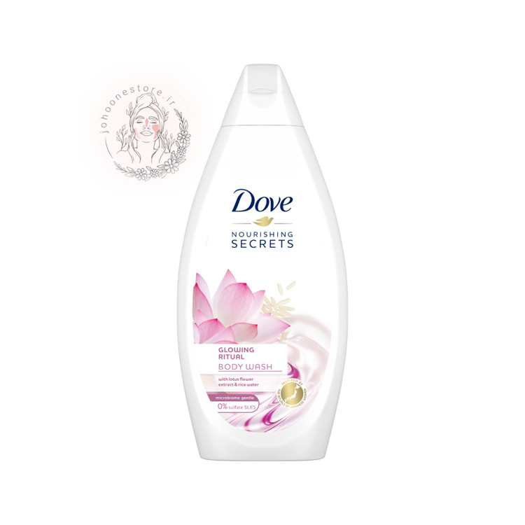 شامپو بدن داو مدل Secrets Glowing Ritual حاوی عصارههای برنج و نیلوفر آبی و سرم رطوبت رسان سه گانه مناسب پوست خشک اصل