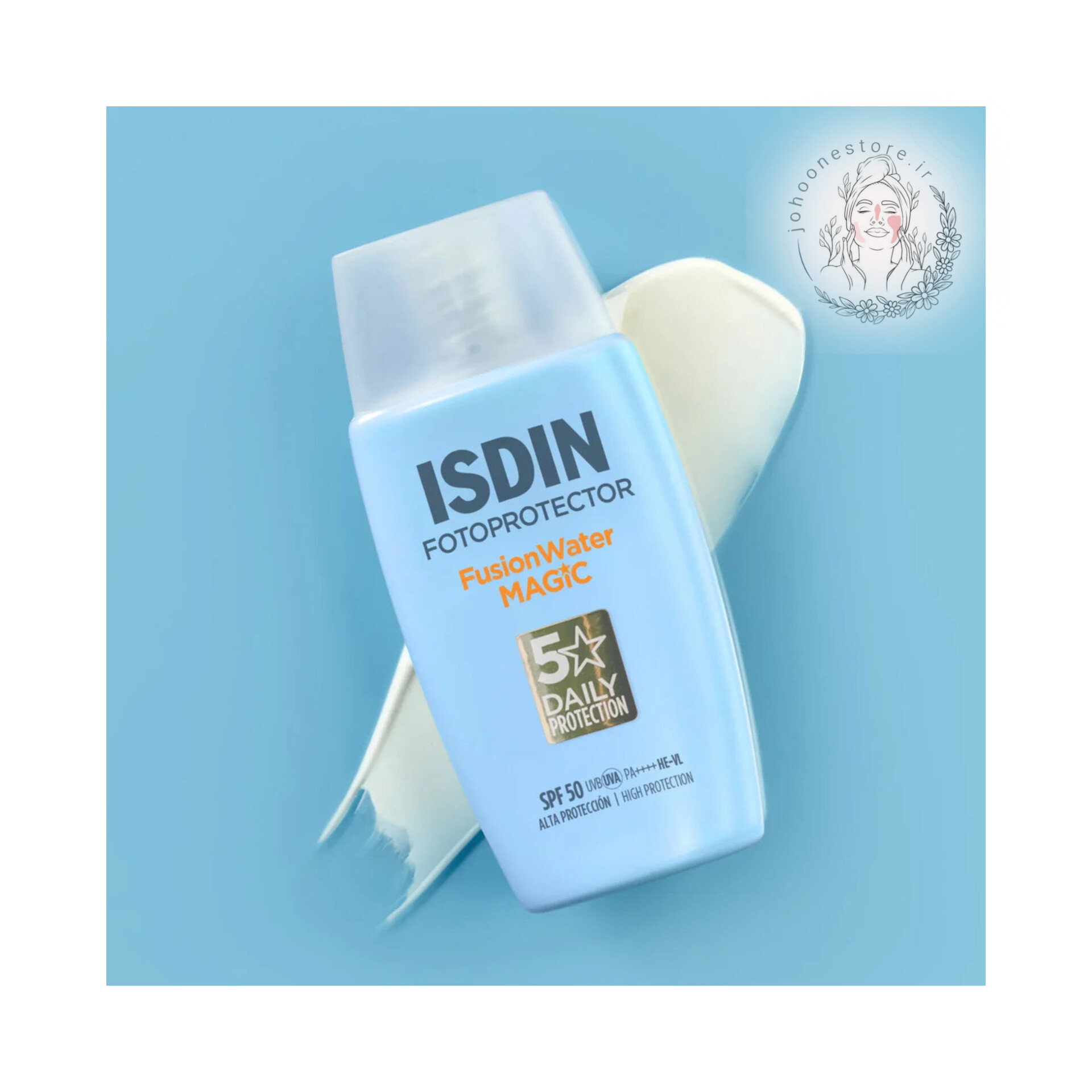 کرم ضد آفتاب بی رنگ ایزدین مدل فیوژن واتر مجیک 5ستاره ++++PA محافظت +50 SPF حجم 50 میل اصل اسپانیا