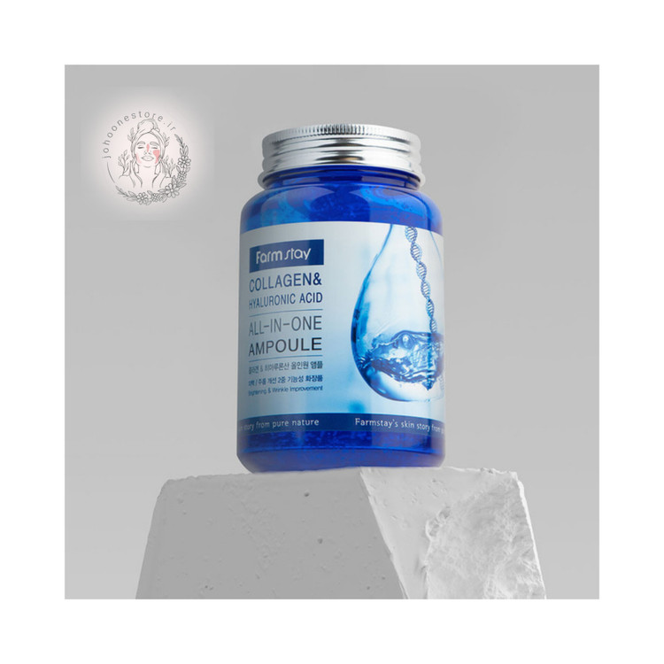 alt=“بطری ۲۵۰ میلیلیتری آمپول ترکیبی کلاژن و هیالورونیک اسید فارماستی، حاوی مایع شفاف و غلیظ، ایدهآل برای آبرسانی و جوانسازی پوست.”
