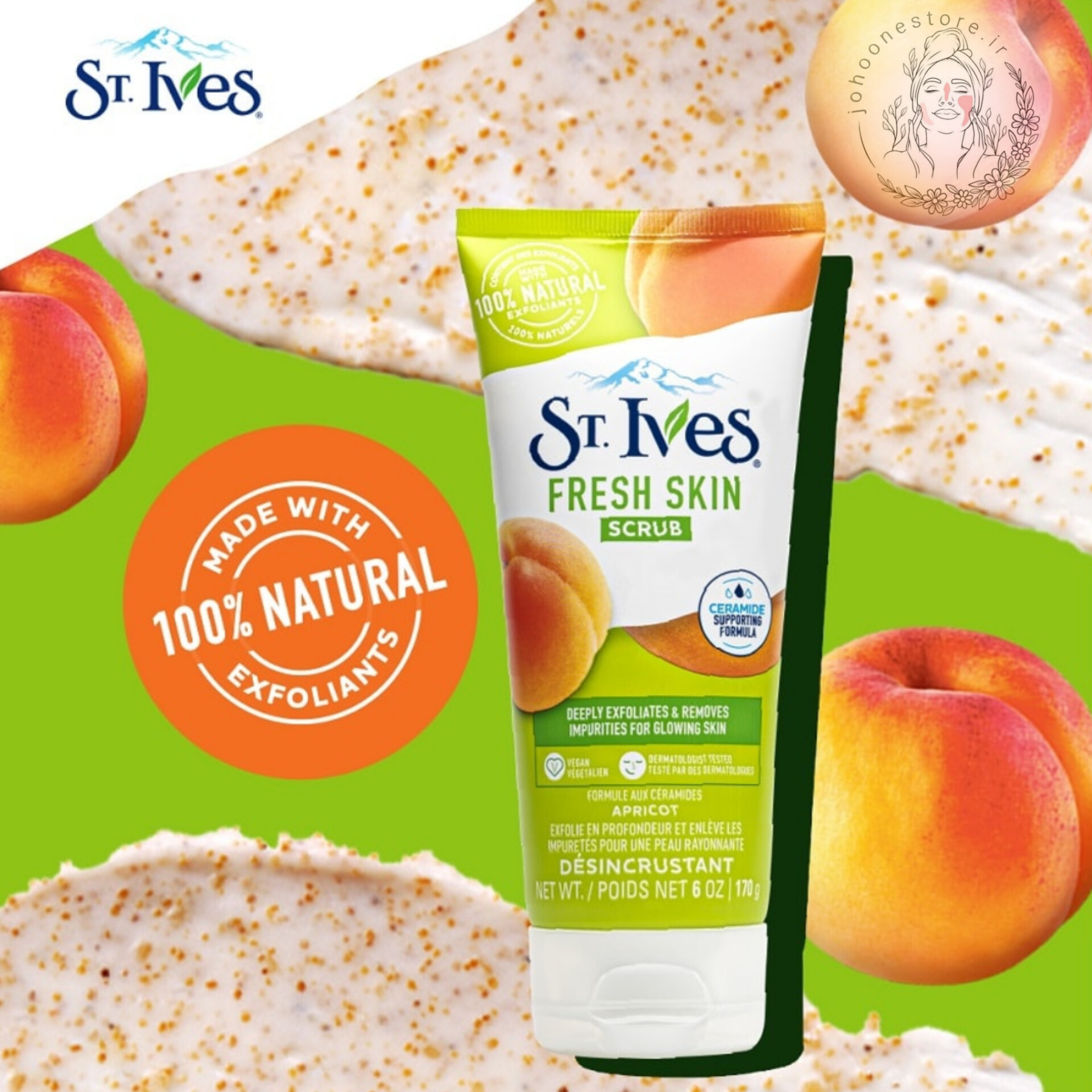 اسکراب صورت سینت ایوز مدل Fresh Skin حاوی ذرات لایه بردار زردآلو حجم ۱۵۰ میل اصل آمریکا سری قدیمی